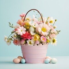 Fototapeta na wymiar Easter basket filled with eggs andfluttering butterflies, set against a light blue background