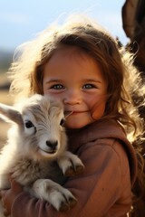 An adorable shot of a little girl hugging a baby goat, both of them looking into the camera