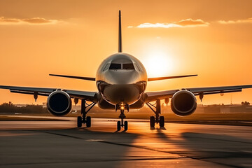 airplane in the sunset. 