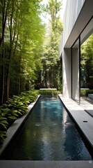 contemporary garden with a long, narrow pool surrounded by lush greenery - obrazy, fototapety, plakaty