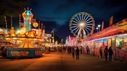 thrill of carnival rides, with bright lights and a bustling carnival atmosphere in the background. - obrazy, fototapety, plakaty