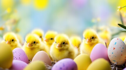 A playful background with bright yellow Easter chicks and colorful eggs,