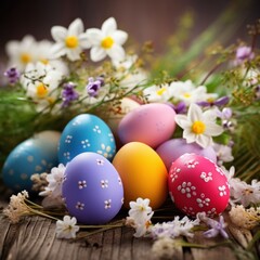 Fototapeta na wymiar A beautiful background with colorful Easter eggs and blooming spring flowers,