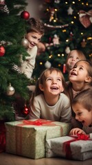 Fototapeta na wymiar children excitedly looking at decorations and gifts under the Christmas tree.