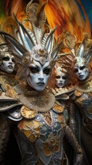 group of carnival-goers dressed in elaborate costumes, set against a lively carnival backdrop