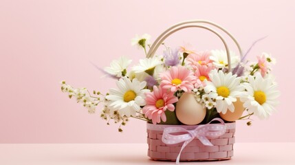 Obraz na płótnie Canvas Easter basket filled with eggs andfluttering butterflies, set against a light pink background