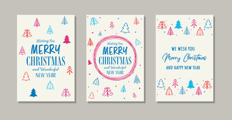 Decorative Christmas greeting cards with trees. Vector illustration