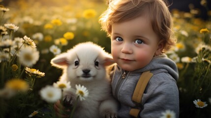 ittle boy sitting in a field of flowers with a baby lamb cuddled up next to him