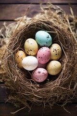 Obraz premium A rustic, natural background with a bird's nest filled with speckled Easter eggs
