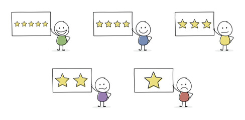 Funny star rating with cartoon stickman. Appraisal concept. Vector