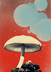 Minimalist abstract collage of boletus mushroom against the background of the red evil sky and stars