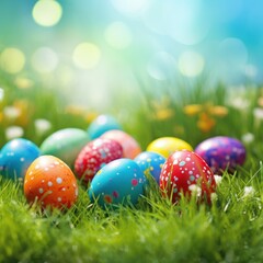 A vibrant green grass background with colorful Easter eggs scattered throughout
