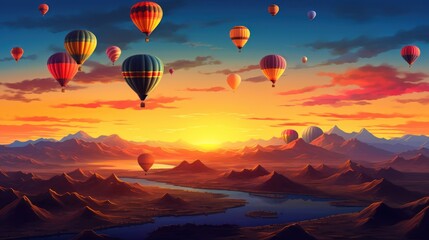 Obraz premium a painting of hot air balloons flying in the sky over a mountain range at sunset with a body of water in the foreground and mountains in the foreground.