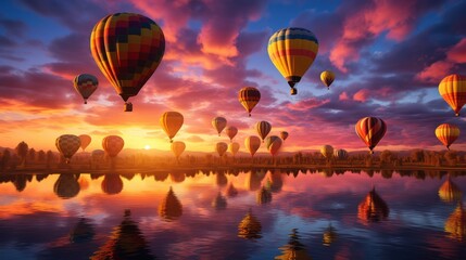  a number of hot air balloons flying in the sky above a body of water with a sunset in the background and a few clouds in the sky above the water. - obrazy, fototapety, plakaty