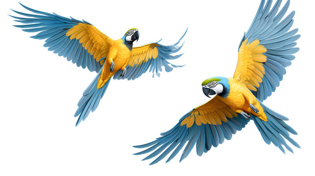 pair of Blue and gold macaw spread open wings flying isolated on white back ground. This has clipping path.
