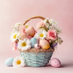 Fototapeta na wymiar Easter basket filled with eggs andfluttering butterflies, set against a light pink background