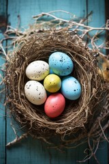 Obraz premium A rustic, natural background with a bird's nest filled with speckled Easter eggs