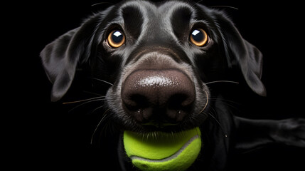 Black Labrador holding tennis ball, close-up fish eye
