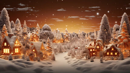 christmas village and forest 2d png illustration, in the style of light bronze and light amber, landscape-focused, photorealistic rendering, light amber and white, shaped canvas, nightscapes