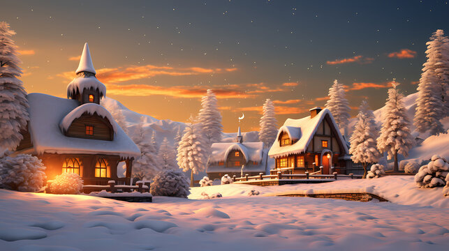 christmas snow village scenes 3d animation hd backgrounds download in hd, in the style of dark bronze and light amber, luminous landscape painting, light orange and light gold