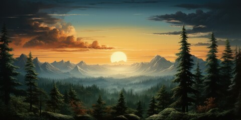 a painting of the sun setting over a mountain range with pine trees in the foreground and a mountain range in the background with pine trees in the foreground. - obrazy, fototapety, plakaty