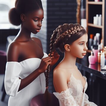 A dark-skinned young girl braiding Afro braids for her white-skinned friend in a beautifully decorated beauty parlor. Super realistic, lots of detail. Side view