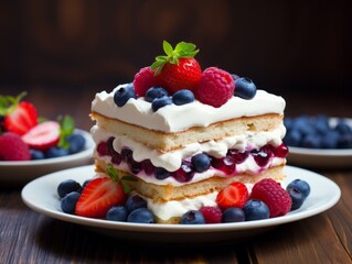 Homemade blueberry cake with whipped cream and fresh berries on wooden background