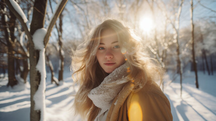 Beautiful Russian girl in winter forest illuminated by bright sunshine. Generative AI