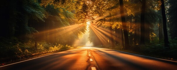 Asphalt road in the green forest with sunbeams and lens flare