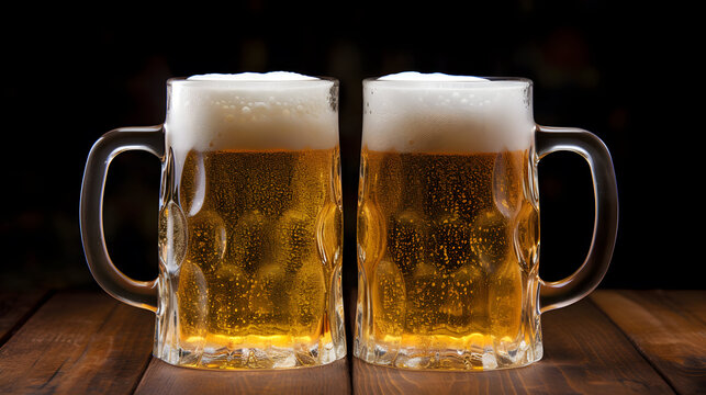 Two beer mugs being attached to each other. The glasses ( Mass of beer ) are typical for the Octoberfest in Munich