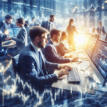 Brokers trade on the financial exchange. Lots of brokers, bright room