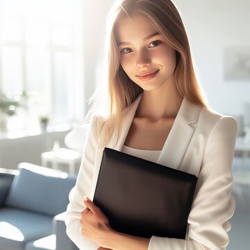 in a white nurse's suit, standing with a black folder in her hands, with a nice smile. In the background light and cozy interior of the office