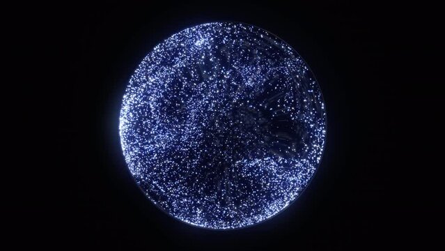 Bright glowing magic 3d sphere. Animated snow globe of glowing particles seamlessly flowing. Magic globe with snowflakes. Technology, science, engineering and artificial intelligence background.