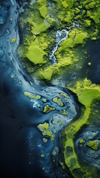  an aerial view of a body of water with green algae on the bottom of the water and yellow algae on the bottom of the water on the bottom of the water.