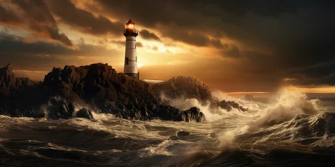 Foto op Aluminium Lighthouse In Stormy Landscape - Leader And Vision Concept. © Ruslan Gilmanshin