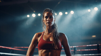Portrait of a female boxer standing in boxing ring