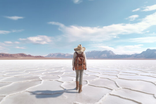 girl tourist stands on a salt lake. a traveler with a backpack and a hat stands with his back with a beautiful view. Generative AI