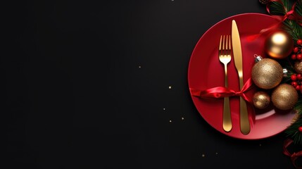 Obraz premium a red plate topped with a fork and a knife next to a red plate covered in gold ornaments and a red ribbon on a black background with a red bow.