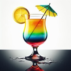 Colorful cocktail with umbrella, straw and a lemon slice on metal desk generative ai