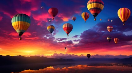 Fototapeta premium a group of hot air balloons flying in the sky over a mountain range at sunset with a pink and blue sky in the background and a few clouds in the foreground.