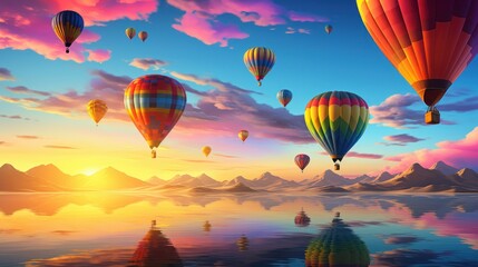 Fototapeta premium a painting of hot air balloons flying in the sky over a body of water with a mountain range in the background and a setting sun in the middle of the sky.