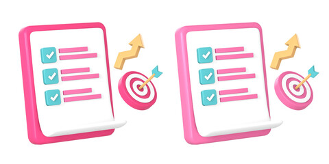 3d clipboard item list with check mark and arrow hits target goal icon illustration for UI UX social media ads design