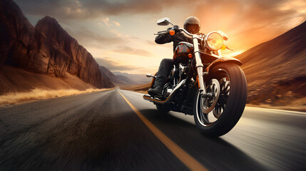 Powerful motorcycle front perspective on open road