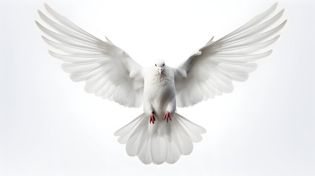 white dove with open wings flies on a white background