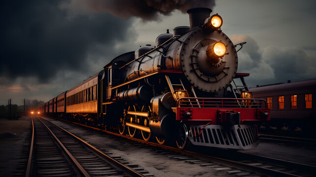 Antique steam locomotive front perspective on tracks © Matthias