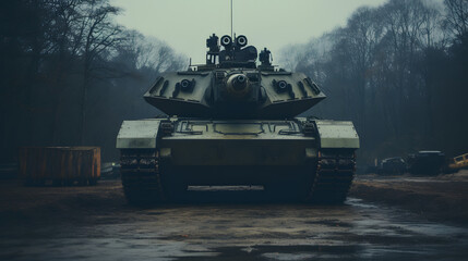 Military tank head-on view in training ground