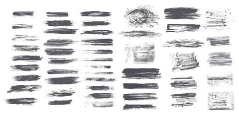 Big set of grunge paint brush stroke, grungy lines, frames, box and artistic design elements on white background. Ink splash, splatter and dirty watercolor texture for social media.