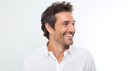 Fototapeta premium Portrait of a cheerful middle-aged man in a white shirt, smiling off-camera with confidence and ease
