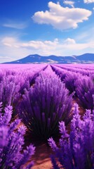 Fototapeta premium a field full of purple flowers under a blue sky with a mountain range in the distance in the distance is a blue sky with a few clouds in the distance.