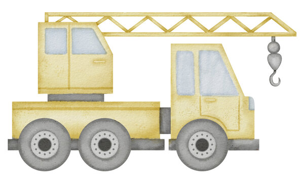 Truck Crane Watercolor illustration. Hand drawn clip art of baby toy yellow autocrane on isolated background. Drawing of auto mobile lifting. Sketch of a vehicle for construction.